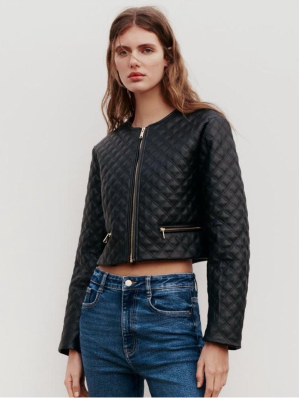 Zara Black Quilted Leather Zip-Front Jacket